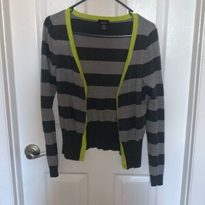 Dark and light gray striped with lime green outline cardigan